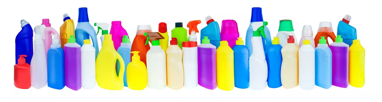 Multicolored Bottles of Household Cleaning Solutions