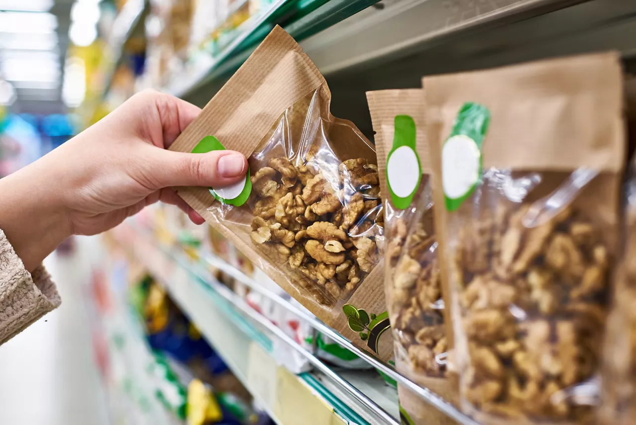 Eco-friendly packaging on a grocery store shelf