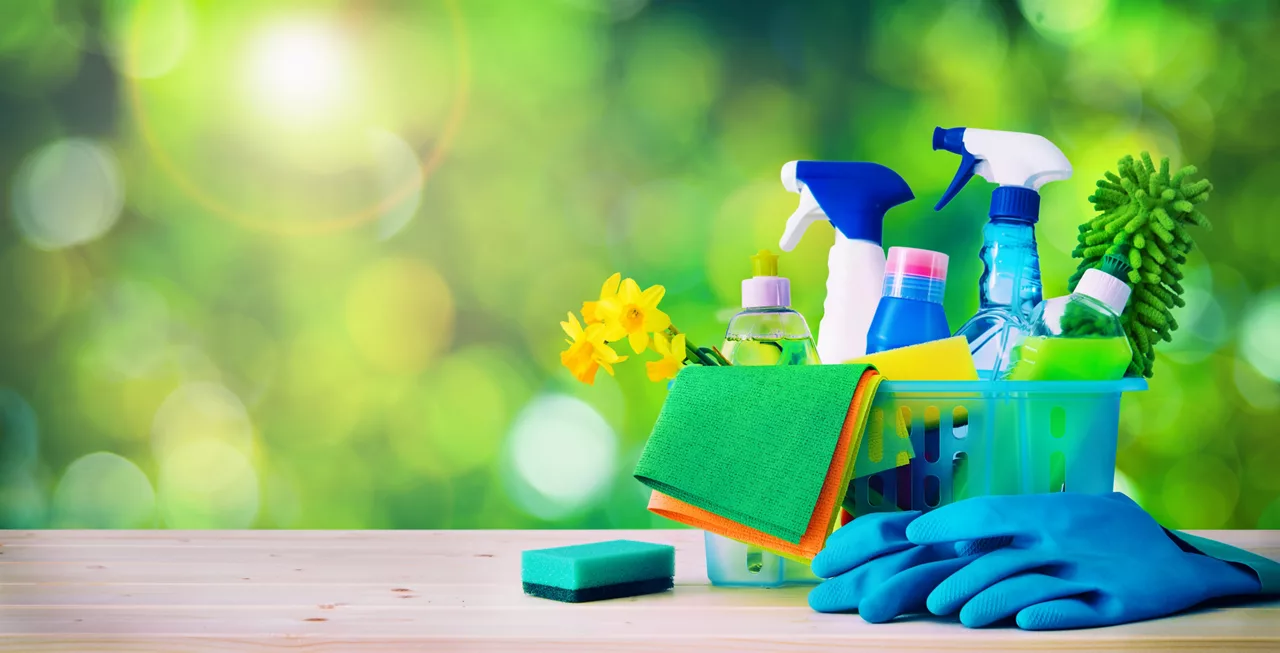 Cleaning supplies over nature background