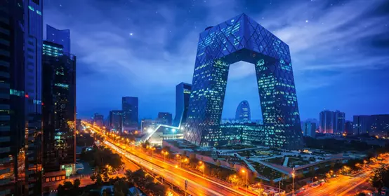 Road intersection with high rise buildings