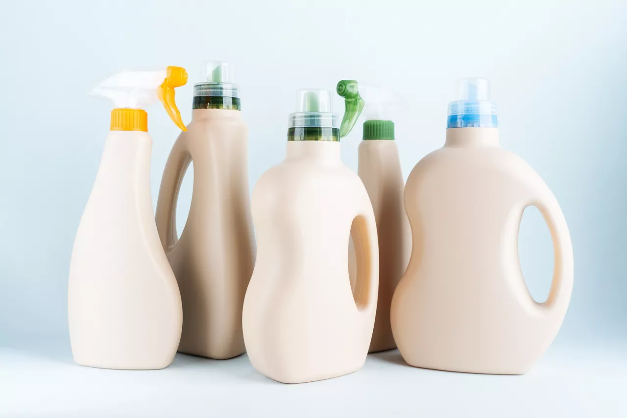 Cleaning products in plastic bottles