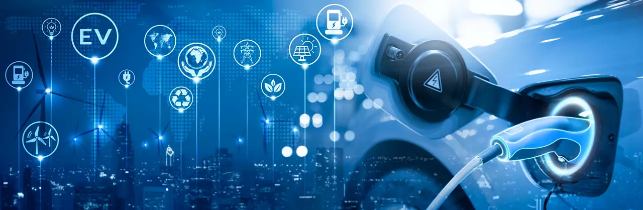 Energy EV car concept. Futuristic hybrid vehicle charge battery electric on station blur cityscape on panoramic banner blue background with icon illustration environment friendly. green eco technology.