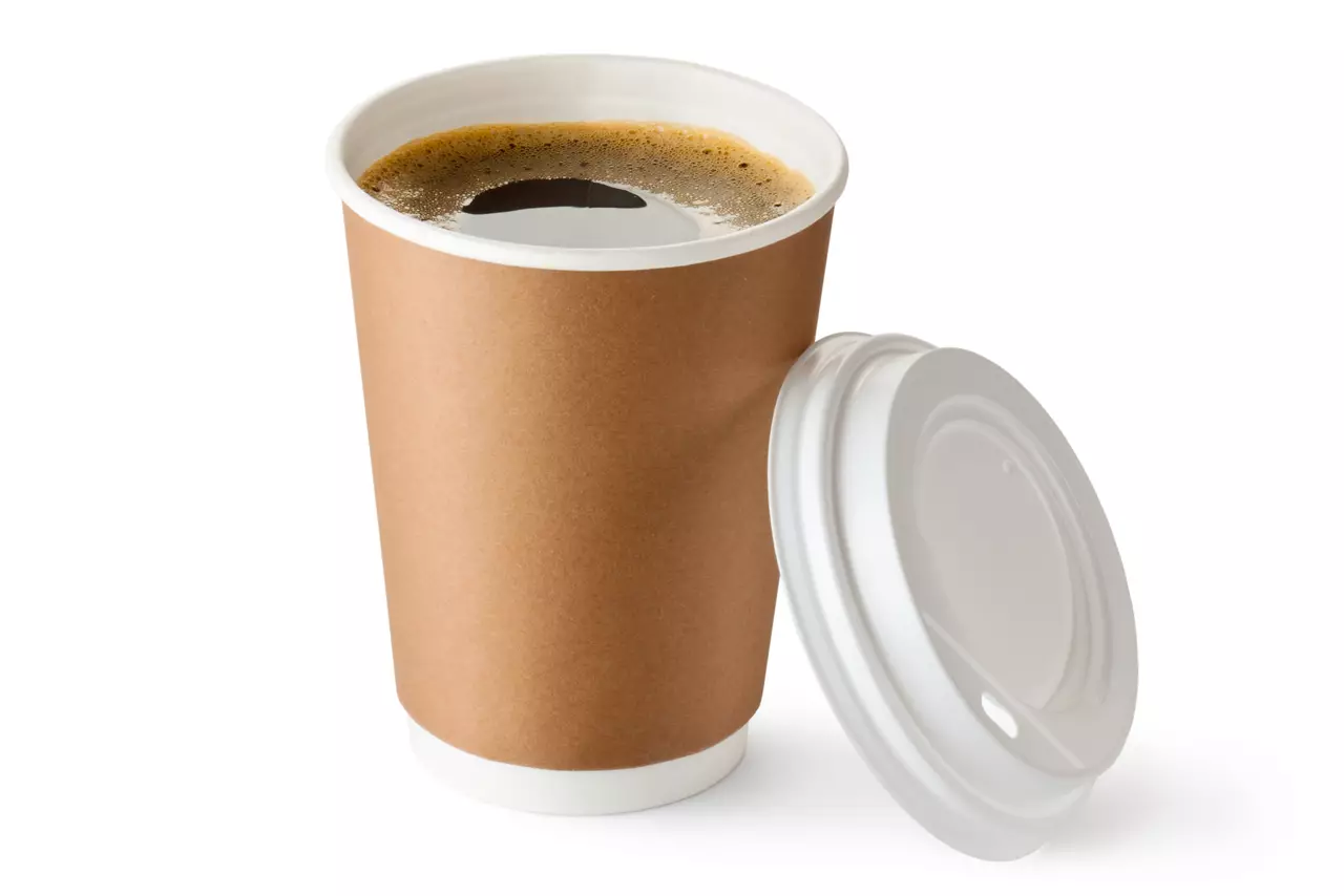 Opened take-out coffee in cardboard cup. Isolated on a white.