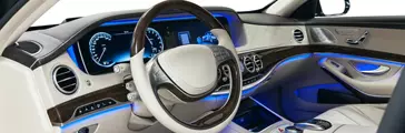 Car interior wood and leather decoration and blue ambient light