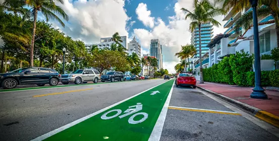 Green bike lane in world famous Miami Beach. Southern Florida, USA