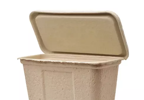 Molded paper pulp packaging container with open cover isolated on white