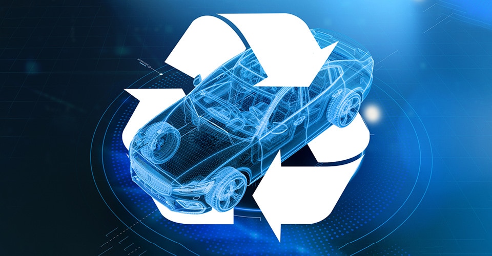 computerized car drawing inside a recycling symbol